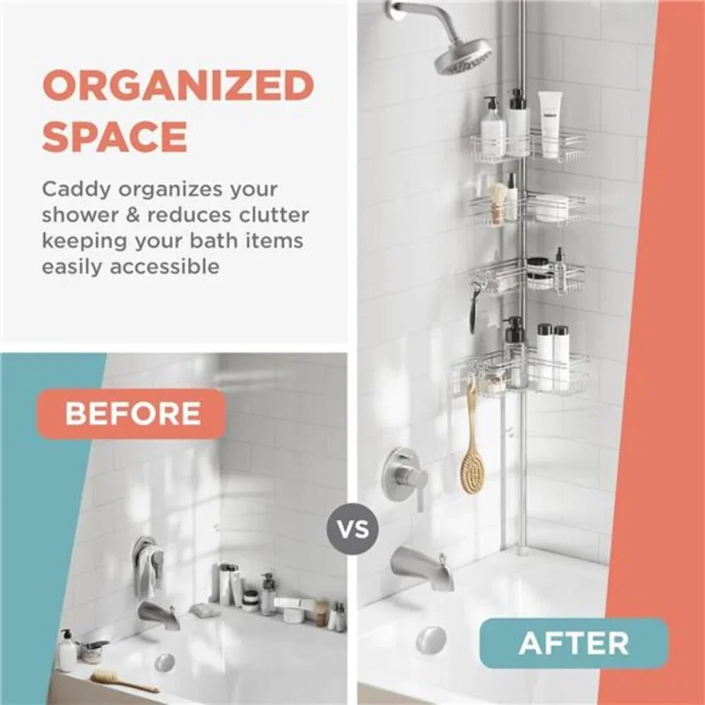 Home Tension Pole Shower Caddy, Adjustable Corner Shower Storage System